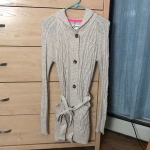 SO Cream Belt Long Button Cardigan Sweater